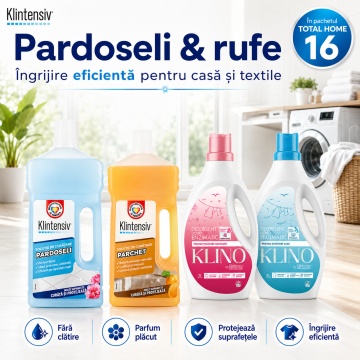 Pachet complet curatenie si detergenti rufe TOTAL HOME 16 Klintensiv KLINO KlinSmart, pentru bucatarie, baie, WC, geamuri, pardoseli, parchet si electrocasnice, 16 produse, 12,25 L, 4x Stickere - Img 6