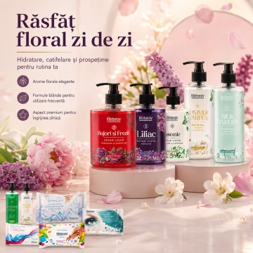 Pachet complet ingrijire Klintensiv, sapunuri Bujori si Frezii, Liliac si Iasomie 500 ml, geluri Summer Garden si Silk Garden 400 ml, sampon Anti-Cadere 400 ml, servetele IntimCare, demachiante, hartie umeda si dezinfectante, 10 produse, 4x Stickere - Img 2