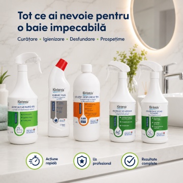 Pachet curatenie baie si grup sanitar Klintensiv Professional, Anticalcar Rapid RTU, Igienic Plus, desfundat tevi, absorbant mirosuri si odorizant Flowers, 5 produse, 4.75 L, 4x Stickere - Img 2