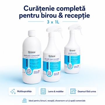 Pachet curatenie birou si receptie Klintensiv Professional, MultiClin RTU, solutie lemn si mobila, Klinglass geamuri, 3x 1 L, 4x Stickere - Img 2
