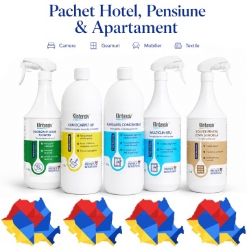 Pachet curatenie hotel pensiune si apartament Klintensiv Professional, MultiClin RTU, solutie mobila, Klinglass geamuri, KLINOCARPET HF si odorizant Flowers, 5 produse, 5 L, 4x Stickere