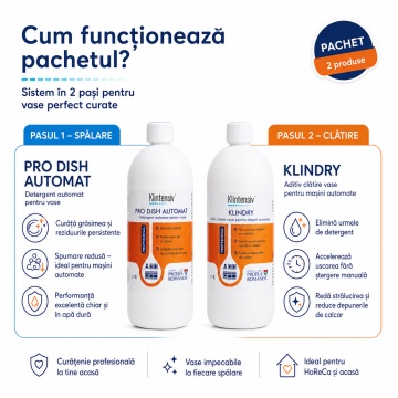 Pachet detergent si aditiv clatire masina de spalat vase Klintensiv Professional PRO DISH si KLINDRY, sistem automat profesional, 2 produse, 2x 1L, 4x Stickere - Img 2