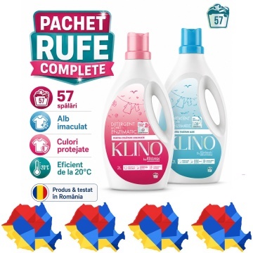 Pachet detergenti lichizi pentru rufe albe si colorate KLINO Klintensiv, enzimatici, eficienti de la 20°C, 114 spalari, 2x 2 L, 4x Stickere