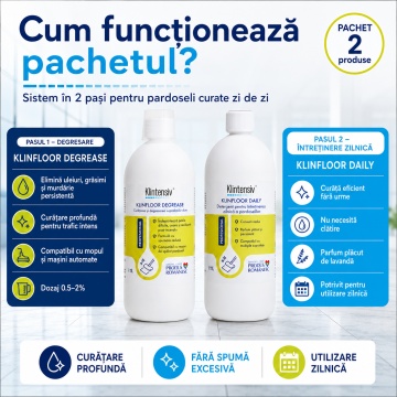 Pachet detergenti pardoseli Klintensiv Professional KLINFLOOR DEGREASE si KLINFLOOR DAILY, degresare profesionala si intretinere zilnica, 2x 1 L, 4x Sticker - Img 2