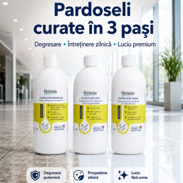 Pachet detergenti pardoseli Klintensiv Professional KLINFLOOR, DEGREASE, DAILY si SHINE, degresare, intretinere si luciu, 3 x 1 L, 4x Stickere - Img 2