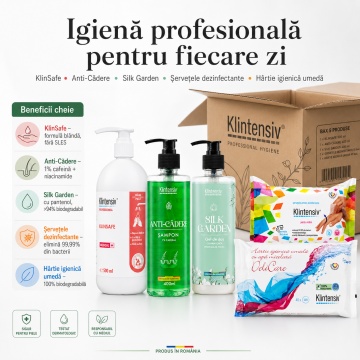 Pachet igiena completa Klintensiv, KlinSafe sapun delicat 500 ml, gel de dus Silk Garden 400 ml, sampon Anti-Cadere 400 ml, servetele dezinfectante 70 buc si hartie igienica umeda 40 buc, 5 produse, 4x Stickere - Img 2