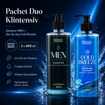 Pachet ingrijire barbati Klintensiv, sampon cu Zinc PCA si Pantenol 400 ml si gel de dus hidratant Cold Breeze 400 ml, 2 produse, 800 ml, 4x Stickere - Img 2