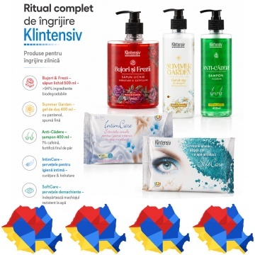 Pachet ingrijire completa Klintensiv, sapun Bujori si Frezii 500 ml, gel de dus Summer Garden 400 ml, sampon Anti-Cadere 400 ml, servetele IntimCare 40 buc si demachiante 25 buc, 5 produse, 4x Stickere
