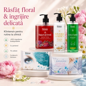 Pachet ingrijire completa Klintensiv, sapun Bujori si Frezii 500 ml, gel de dus Summer Garden 400 ml, sampon Anti-Cadere 400 ml, servetele IntimCare 40 buc si demachiante 25 buc, 5 produse, 4x Stickere - Img 2