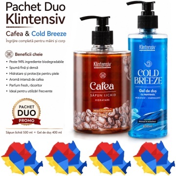 Pachet ingrijire corp Klintensiv, sapun lichid Cafea 500 ml si gel de dus hidratant Cold Breeze 400 ml, 2 produse, 900 ml, 4x Stickere