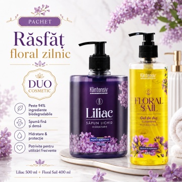 Pachet ingrijire corp Klintensiv, sapun lichid Liliac 500 ml si gel de dus hidratant Floral Sail 400 ml, 2 produse, 900 ml, 4x Stickere - Img 2