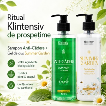 Pachet ingrijire par si corp Klintensiv, sampon Anti-Cadere 400 ml si gel de dus hidratant Summer Garden 400 ml, 2 produse, 800 ml, 4x Stickere - Img 2