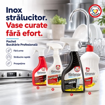 Pachet solutii curatenie bucatarie profesionala Klintensiv, degresant cu bicarbonat, solutie cuptor, solutie inox si detergent de vase, 4x 500 ml, 4x Stickere - Img 6