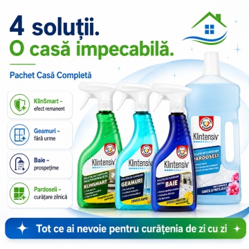 Pachet solutii curatenie casa completa KlinSmart Klintensiv, pentru baie, geamuri, pardoseli si protectia suprafetelor, 4 produse, 2,5 L, 4x Stickere - Img 6