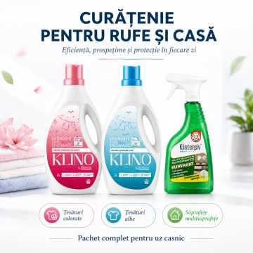 Pachet solutii curatenie rufe si casa KLINO KlinSmart Klintensiv, detergenti lichizi pentru rufe albe si colorate, solutie cu pelicula protectoare, 3 produse, 4,5 L, 4x Stickere - Img 6