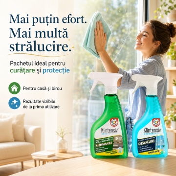 Pachet solutii curatenie si protectie suprafete KlinSmart Klintensiv, solutie cu pelicula protectoare si solutie geamuri cu efect antistatic, 2x 500 ml, 4x Stickere - Img 6