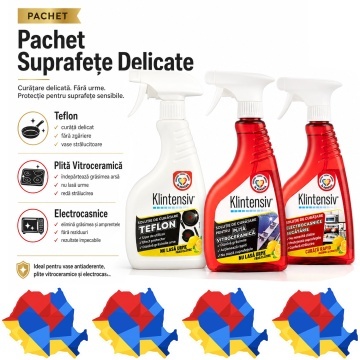 Pachet solutii curatenie suprafete delicate Klintensiv, pentru teflon, plita vitroceramica si electrocasnice, fara zgarieturi si fara urme, 3x 500 ml, 4x Stickere