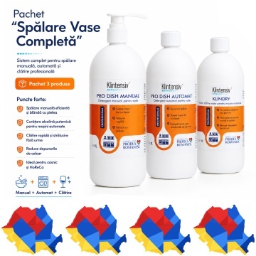 Pachet spalare vase Klintensiv Professional, PRO DISH Manual, PRO DISH pentru masini automate si KLINDRY aditiv de clatire, 3 produse, 3 L, 4x Stickere