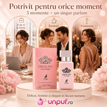 Parfum Arăbesc Alhambra Delilah Pour Femme 30 ml, Apă de Parfum Damă, Inspirat Delina, Aromă Floral Fructată Feminină cu Bergamotă, Fructe Delicate, Pară, Bujor, Flori Albe, Iasomie, Trandafir, Lemn Alb, Mosc și Vanilie - Img 6
