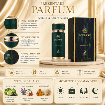 Parfum Arăbesc Alhambra Sceptre Malachite 100 ml, Apă de Parfum Unisex, Damă și Bărbat, Maison Alhambra, Inspirat God of Fire, Aromă Oriental Modernă Fresh Fructată cu Note Fructate, Bergamotă, Condimente, Iasomie, Trandafir, Note Lemnoase, Cedru, Ambră, - Img 3