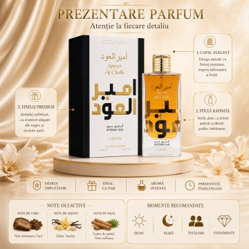 Parfum Arăbesc Ameer Al Oudh Intense Lattafa 100 ml, Apă de Parfum Unisex, Damă și Bărbat, Inspirat By The Fireplace Maison Margiela, Aromă Oriental Ambrată Lemnoasă Dulce cu Șofran, Nucșoară, Absint, Labdanum, Mușcată, Note Lemnoase, Oud, Pielărie și Van - Img 3