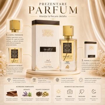Parfum Arăbesc Ana Abiyedh Leather Lattafa 60 ml, Apă de Parfum Unisex, Damă și Bărbat, Inspirat Irish Leather Memo Paris, Aromă Pielărie Lemnos Condimentată cu Boabe de Ienupăr, Cardamom, Piper Roz, Zmeură, Ghimbir, Stânjenel, Trandafir, Ambră și Mosc Al - Img 3