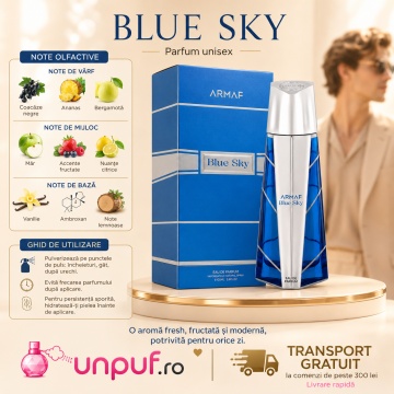 Parfum Arăbesc Armaf Blue Sky 105 ml, Apă de Parfum Unisex Damă și Bărbat, Aromă Fresh Fructată Citrică cu Ananas, Bergamotă, Măr, Vanilie, Ambroxan și Note Lemnoase - Img 9