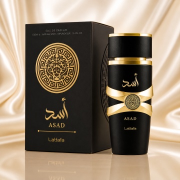 Parfum Arăbesc Asad Lattafa 100 ml, Apă de Parfum Bărbat, Aromă Lemnos Aromatică cu Ananas, Piper Negru, Tutun, Cafea, Iris, Paciuli, Vanilie, Ambră, Labdanum, Lemn și Rășină Benzoică
