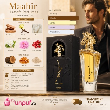 Parfum Arabesc Bărbați Maahir Gold Lattafa, Eau de Parfum 100 ml, Masculin, Ambrat Lemnos Vanilat, Santal, Vanilie - Img 7