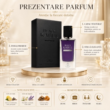 Parfum Arăbesc Black Kabul French Avenue 60 ml, Apă de Parfum pentru Bărbați, Inspirat Black Afgano Nasomatto, Aromă Aromatic Orientală cu Citrice, Condimente, Note Proaspete, Flori Albe, Lavandă, Note Calde, Lemn de Cedru, Ambră și Mosc - Img 3