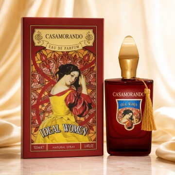 Parfum Arăbesc Casamorando Ideal Women Fragrance World 100 ml, Apă de Parfum Damă, Aromă Oriental Lemnoasă cu Nucșoară, Scorțișoară, Cedru de Virginia, Lemn de Guaiac, Lemn de Santal, Papirus, Vanilie, Labdanum, Cumarină, Mosc și Floare de Tutun