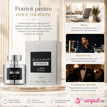 Parfum Arăbesc Confidential Platinum Lattafa 100 ml, Apă de Parfum Bărbați, Aromă Lemnos Aromatică Fresh Sportivă cu Chiparos, Bergamotă, Citrice, Piper Negru, Note Marine, Note Lemnoase, Tămâie, Ambră Gri, Labdanum, Mosc și Mușchi - Img 6