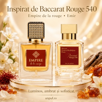 Parfum Arăbesc Emir Empire De La Rouge 100 ml, Apă de Parfum Unisex Damă și Bărbat, Aromă Oriental Ambrată, Dulce, Lemnoasă, Rafinată și Memorabilă, Inspirată de Baccarat Rouge 540 - Img 8