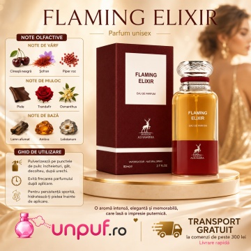 Parfum Arăbesc Flaming Elixir Maison Alhambra 80 ml, Apă de Parfum Unisex, Damă și Bărbat, Inspirat Cherry Smoke Tom Ford, Aromă Oriental Condimentată cu Vișină, Șofran, Caisă, Măslină, Osmanthus, Pielărie, Note de Fum, Note Lemnoase, Ulei Cypriol și Naga - Img 9