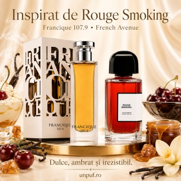 Parfum Arăbesc Francique 107.9 Eau de Parfum 80 ml, Apă de Parfum Unisex, Damă și Bărbat, French Avenue, Inspirat Rouge Smoking BDK, Aromă Floral Fructat Ambrată cu Ghimbir, Mandarină, Piper Roz, Gutui, Iasomie, Trandafir Marocan, Patchouli, Ambră, Mosc ș - Img 8