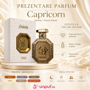 Parfum Arăbesc Genesis Capricorn French Avenue 90 ml, Apă de Parfum Unisex, Damă și Bărbat, Inspirat Babycat, Aromă Aromatic Orientală Ambrată și Vanilată cu Citrice, Condimente, Note Proaspete, Flori Albe, Lavandă, Note Calde, Lemn de Cedru, Ambră, Mosc, - Img 3