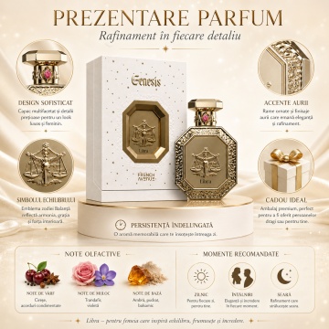 Parfum Arăbesc Genesis Libra French Avenue 90 ml, Apă de Parfum Unisex, Damă și Bărbat, Inspirat Carmina Creed, Aromă Aromatic Orientală Elegantă cu Cireșe, Trandafir, Violetă, Citrice, Condimente, Flori Albe, Lavandă, Ambră, Note Pudrate, Lemn de Cedru, - Img 3