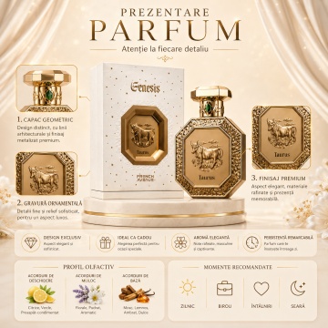 Parfum Arăbesc Genesis Taurus French Avenue 90 ml, Apă de Parfum Unisex, Damă și Bărbat, Aromă Aromatic Orientală Florală și Moscată cu Citrice, Acorduri Verzi, Note Proaspăt Condimentate, Flori Albe, Lavandă, Note Pudrate, Lemn de Cedru, Ambră, Mosc și A - Img 3