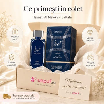 Parfum Arăbesc Hayaati Al Maleky Lattafa 100 ml, Apă de Parfum Bărbat, Aromă Lemnos Aromatică cu Bergamotă, Ghimbir, Nucșoară, Piper Roz, Cedru, Labdanum, Tămâie, Ambră și Mosc - Img 4