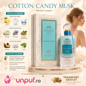 Parfum Arăbesc Ithra Dubai Musk Cotton Candy Ard Al Zaafaran 100 ml, Apă de Parfum Unisex Damă și Bărbat, Aromă Gurmand Dulce, Vată de Zahăr, Caramel, Fructe Roșii, Mosc și Vanilie, Inspirată de Pink Sugar - Img 9