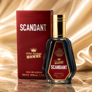 Parfum Arăbesc John Gustav Homme Scandant Le Parfum Fragrance World 50 ml, Apă de Parfum Bărbat, Aromă Oriental Lemnoasă Gourmand cu Mandarină, Piper, Salvie, Boabe de Tonka, Caramel, Lavandă, Ambră, Lemn Cald și Vetiver - Img 1
