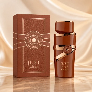 Parfum Arăbesc Just Choco Fragrance World 100 ml, Apă de Parfum Unisex, Damă și Bărbat, Aromă Gurmandă de Ciocolată cu Cacao, Ciocolată, Zahăr, Lapte, Praline, Caramel, Mosc și Vanilie
