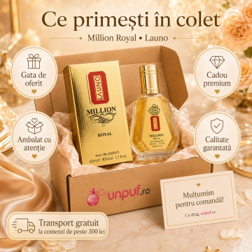 Parfum Arăbesc La Uno Million Royal Fragrance World 50 ml, Apă de Parfum Bărbat, Aromă Lemnos Ambrată Condimentată cu Bergamotă, Cardamom, Mandarină, Frunză de Violetă, Lavandă, Salvie, Benzoin, Cedru, Patchouli și Ambroxan - Img 4