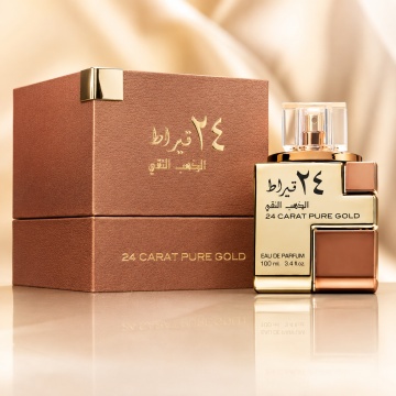 Parfum Arăbesc Lattafa 24 Carat Pure Gold 100 ml, Apă de Parfum Unisex, Aromă Orientală cu Oud, Scorțișoară, Șofran, Trandafir, Lemn de Santal, Chihlimbar, Tămâie, Mosc, Piele și Vanilie