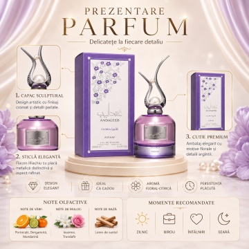 Parfum Arăbesc Lattafa Andaleeb Flora 100 ml, Apă de Parfum Damă, Aromă Floral Fructată cu Bergamotă, Pară, Portocală, Flori Albe, Iasomie, Trandafir, Mosc, Caramel, Chihlimbar și Lemn de Santal - Img 3