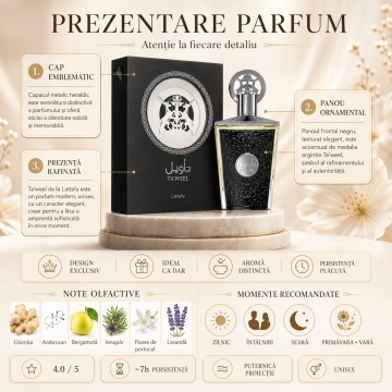 Parfum Arăbesc Lattafa Taweel 100 ml, Apă de Parfum Unisex, Aromă Fresh Aromatică cu Bergamotă, Ghimbir, Ienupăr, Lavandă, Ambroxan și Vetiver - Img 3