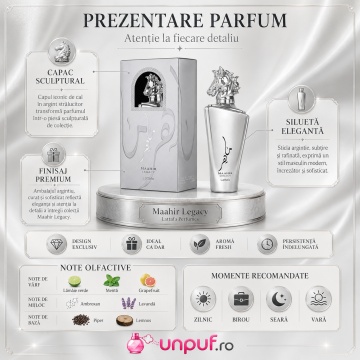 Parfum Arăbesc Maahir Legacy Lattafa 100 ml, Apă de Parfum Unisex Damă și Bărbat, Aromă Lemnos Aromatică cu Ananas, Grepfrut, Lavandă, Mentă, Ienupăr, Piper Negru, Tămâie, Ambroxan, Tonka, Mușchi și Vetiver - Img 3