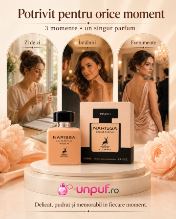 Parfum Arăbesc Narissa Peach Maison Alhambra EDP 100 ml Damă, Inspirat Narciso Poudree, Aromă Lemnos Floral Mosc cu Floare de Portocal, Iasomie, Trandafir, Vetiver, Mosc, Cumarină, Cedru și Paciuli - Img 5