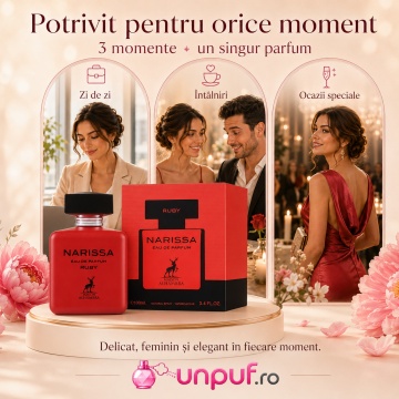 Parfum Arăbesc Narissa Ruby Maison Alhambra EDP 100 ml Damă, Inspirat Narciso Rouge, Aromă Lemnos Floral Mosc cu Mosc, Stânjenel, Trandafir, Cedru, Floare de Portocal, Tuberoză, Tonka, Santal, Vanilie și Vetiver - Img 5
