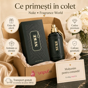 Parfum Arăbesc Nuke Fragrance World 100 ml, Apă de Parfum Bărbat, Aromă Oriental Condimentată Explozivă cu Grapefruit, Bergamotă, Piper Roz, Paprika, Scorțișoară, Șofran, Tutun, Ambră, Piele și Vetiver - Img 4